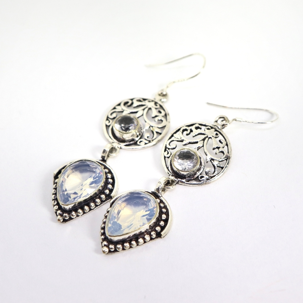 Sterling Silver .925 Quartz & Opalite Earrings